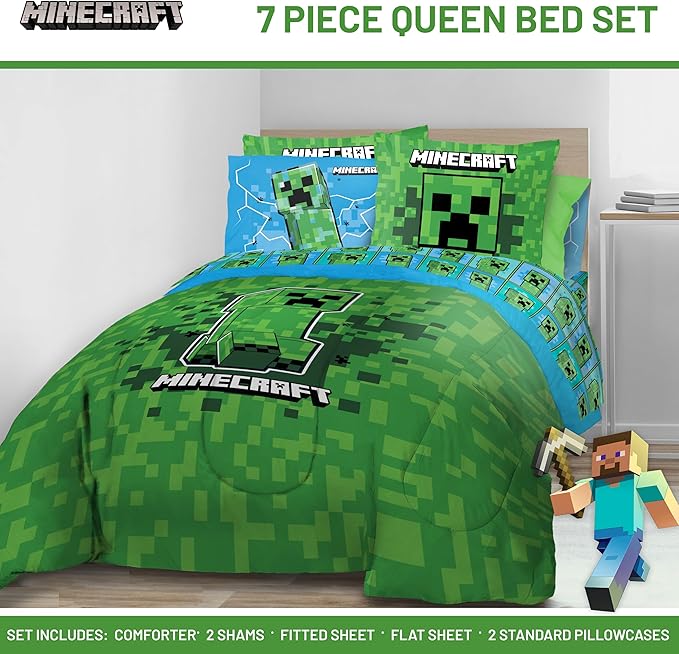 Jay Franco Kids Comforter Set Includes Sheets and Pillow Covers - Soft and Cozy Bed Set for Stylish Room Decor, Green - Minecraft Creeper, 7 Piece Queen Size Bedding