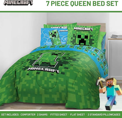 Jay Franco Kids Comforter Set Includes Sheets and Pillow Covers - Soft and Cozy Bed Set for Stylish Room Decor, Green - Minecraft Creeper, 7 Piece Queen Size Bedding