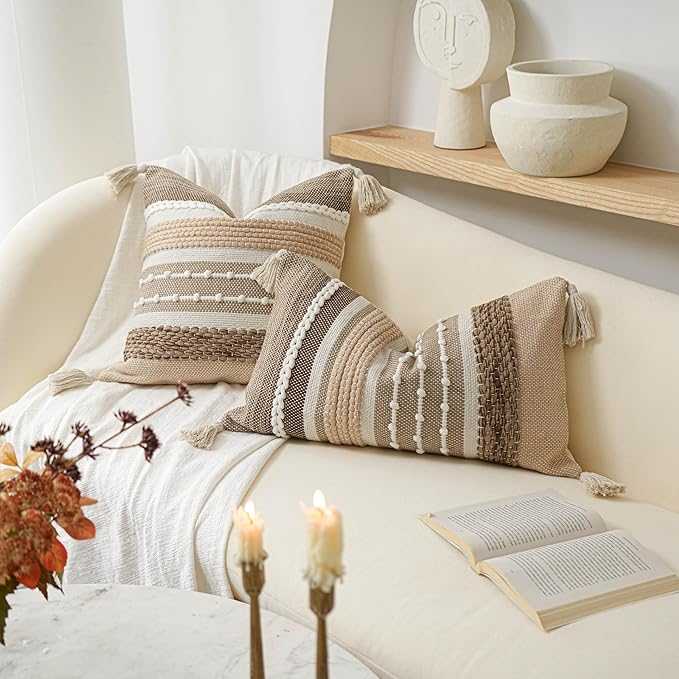 BlissBlush Decorative Lumbar Throw Pillow Cover 14x24 Boho Brown Accent Cushion for Couch Sofa Farmhouse Pillowcase for Bedroom Living Room Home Décor Cover ONLY