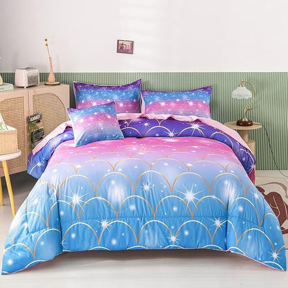 RYNGHIPY 6Pcs Teal Pink Sparkle Mermaid Comforter Sets Full Size, 3D Rainbow Glitter Girls Bedding Sets, Ombre Pastel Fish Scale Bedding Collection Sets