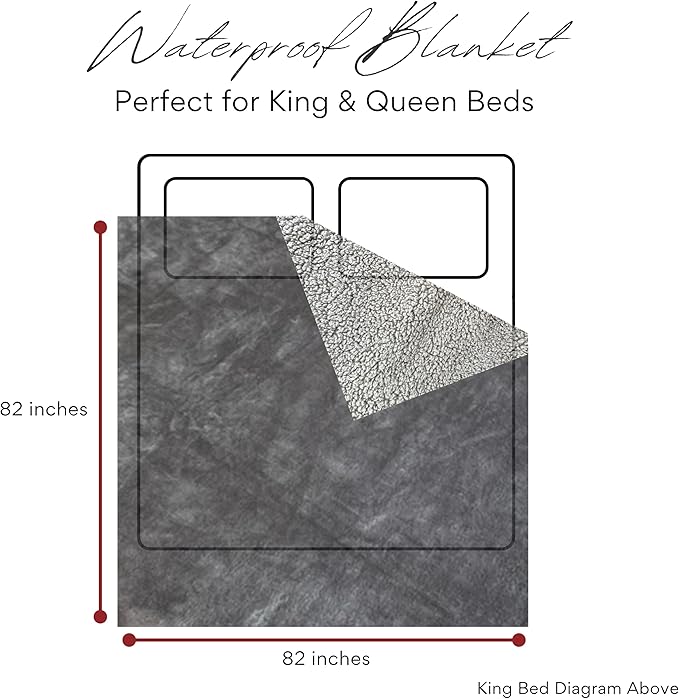 Waterproof Blanket King Size, Gray, 82x82"- Water Proof and Stain Resistant Blankets for Couples Bed Intimacy, Fleece Moisture Absorbent, Layered Sheet Protector, Leakproof Protective Top Cover Throws