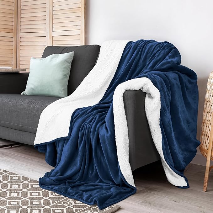 Utopia Bedding Sherpa Blanket Throw Size (Navy, 50x60 Inches) - Soft Lightweight Plush Fleece Reversible Blanket for Bed, Sofa, Couch, Camping and Travel