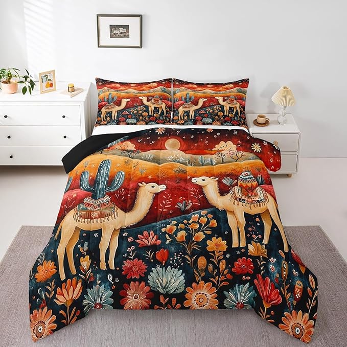Castle Fairy Desert Alpaca Bedding Set Toddler Size Bohemia Rustic Exotic Comforter Set for Kids Teens Room Decor Western Tribal Style Floral Duvet Insert Galaxy Sky Down Comforter Set,2Pcs