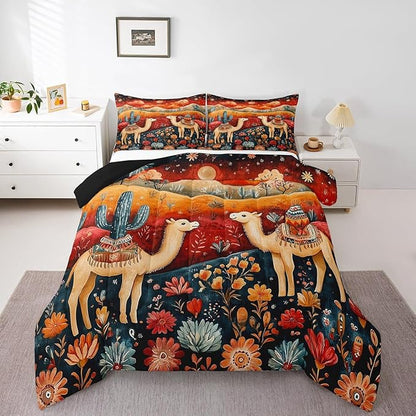 Castle Fairy Desert Alpaca Bedding Set King Size Bohemia Rustic Exotic Comforter Set for Kids Teens Room Decor Western Tribal Style Floral Duvet Insert Galaxy Sky Down Comforter Set,3Pcs