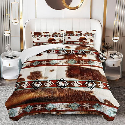 Boho Animal Fur Comforter Set 3 Pieces Queen Size, Mixed Coffee Brwon and White Long Hair for Boys Girls, 3 Pieces Warm Fuzzy Cozy Decorative Room with 2 Pillowcases All Seasons.