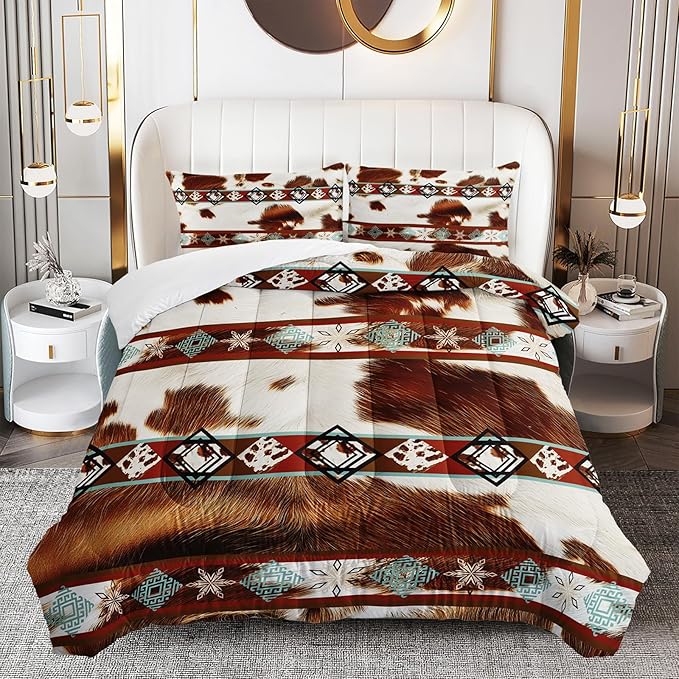Boho Animal Fur Comforter Set 3 Pieces Twin Size, Mixed Coffee Brwon and White Long Hair for Boys Girls, 3 Pieces Warm Fuzzy Cozy Decorative Room with 2 Pillowcases All Seasons.