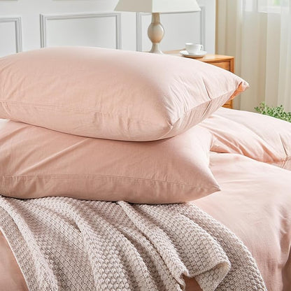 NEXHOME PRO Duvet Cover Set 100% Washed Cotton Full Size Linen Feel Textured Organic Natural 3 Pieces Bedding Set with Zipper Closure and Corner Ties, Breathable Dusty Pink (No Comforter)