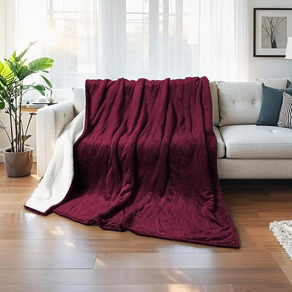 50"x60" Heated Electric Blanket Throw Thickened Flannel and Sherpa Heated Blanket,3 Hours Timer Auto-Off & 5 Heating Levels,for Bedroom Office Couch-WineRed