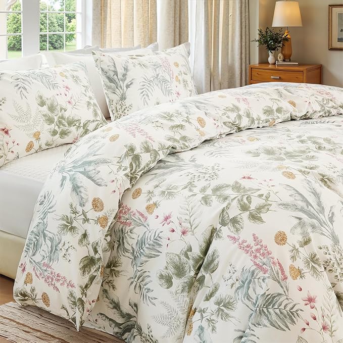 100% Cotton Duvet Cover Queen Size Sage Green Floral Bedding Set Reversible Botanical Comforter Cover 3 Pcs Vintage Cottagecore Aesthetic Soft Bedding Sets for All Season