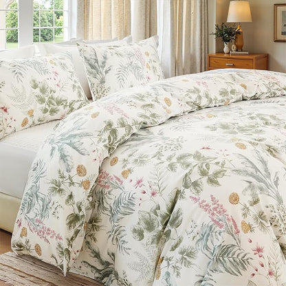 100% Cotton Duvet Cover King Size Sage Green Floral Bedding Set Reversible Botanical Comforter Cover 3 Pcs Vintage Cottagecore Aesthetic Soft Bedding Sets for All Season