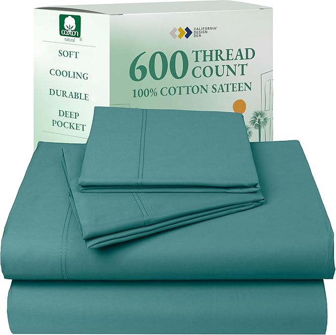 California Design Den Deep Pocket Queen Sheet Set - Luxury 600 Thread Count 100% Cotton Sheets Sateen, Cooling Queen Size Sheets Deep Pocket Set, Hotel-Quality Sheet Set Queen Size Cotton - Teal