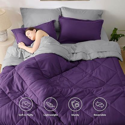 Bedsure Queen Comforter Set - 7 Pieces Reversible Purple Bedding, Queen Size Bed Set for All Seasons, Bed in a Bag with Down Alternative Comforter, Sheets, Pillowcases & Shams