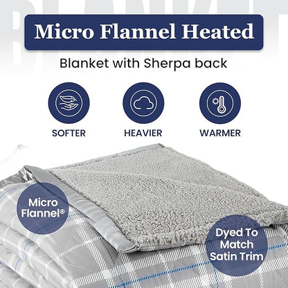 Thermee Micro Flannel Heated Blanket With Sherpa Back, 10-Setting Electric Full Size, Programmable, Ultra-Soft Throw, Heating Thermal - Fashion Plaid Gray
