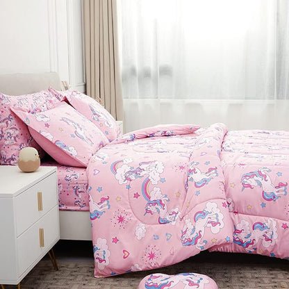 Mooreeke Kids Full Comforter Sets for Girls 8 Pieces Pink Unicorn Bedding Set for Teens Soft Microfiber Kids Bed in A Bag with Comforter, Sheet Set, Shams and Decorative Toy Pillow All Season