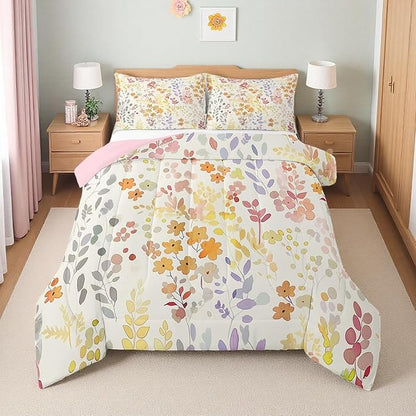 Erosebridal Boho Floral King Comforter Set for Kids Girls Women,Cute Colorful Flowers Bedding Set Rustic Country Home Decor,Bohemian Wild Flower Quilt Bed Set Watercolor Bed Comforter Set 3Pcs