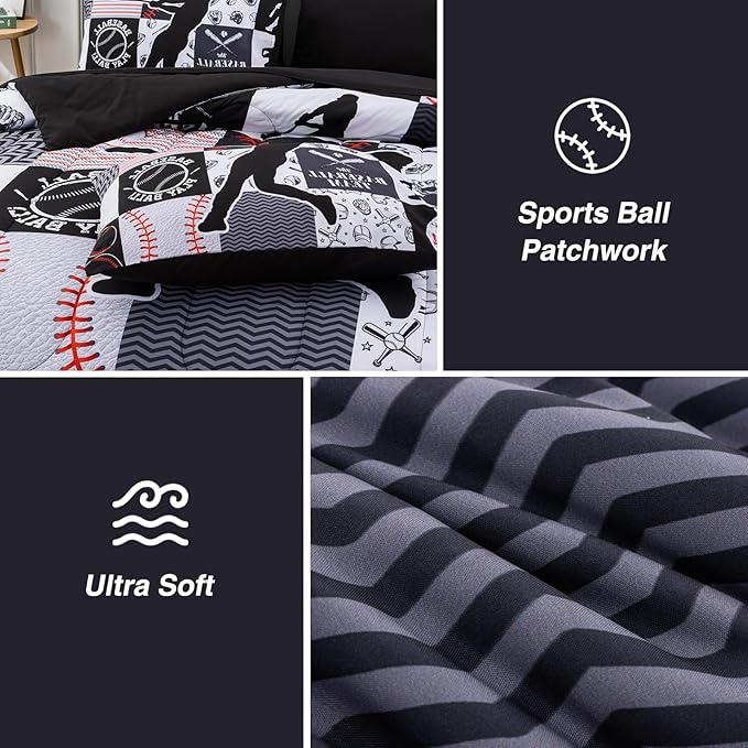 A Nice Night Sports Geometric Grid Black Patchwork Baseball Printed for Boys Twin 6Pcs Bed in A Bag Comforter Bedding Set,Black