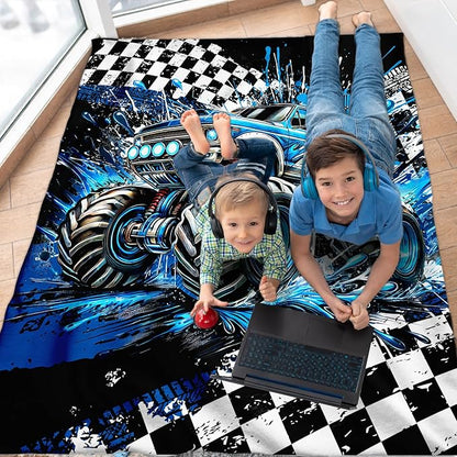 Boys Blanket Gifts Truck Blankets for Kids Teens Adults - 60" x 80" Cool Car Themed Soft Lightweight Flannel Throws for Couch, Sofa, Bed, Bedroom Decor (Blue)