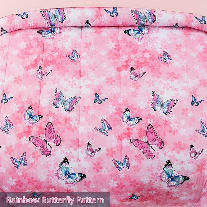 Butterfly Comforter Set Full Size 8 Piece Bed in A Bag Colorful Flowers Leaves Bedding Set for Kids Teens Super Soft All Season - Pink