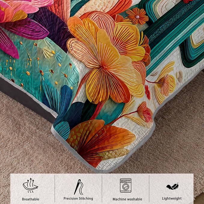 AILONEN Cactus Quilt Full Size Bedding Set & 2 Pillowcases,Colorful Floral Plants Bedspread Coverlet,3Pcs Desert Botanical Quilt Set for Boys Girls,All Season