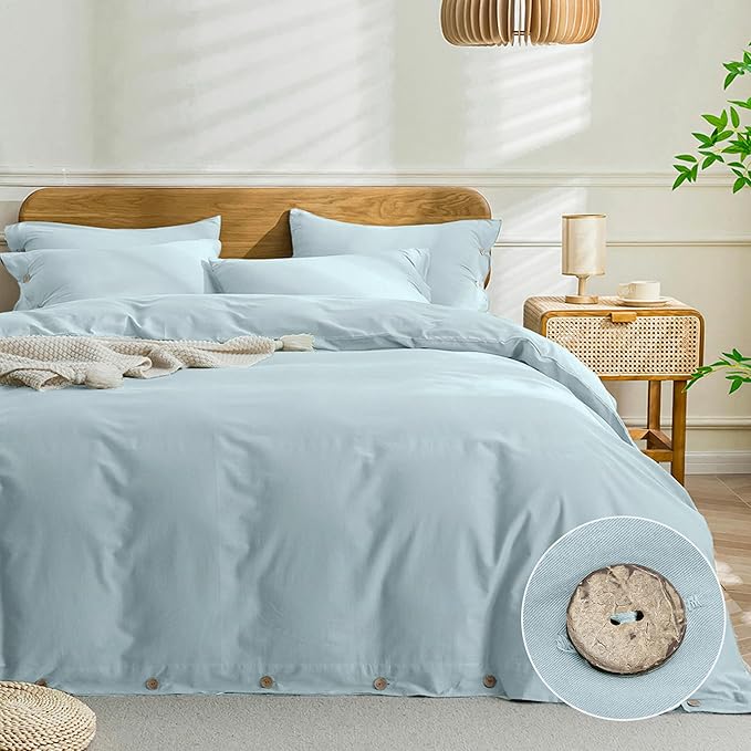 JELLYMONI Cotton Duvet Cover Queen Size - Light Blue Comforter Cover with Button 100% Washed Cotton 3PCS Breathable Soft Solid Bedding Set Duvet Cover 90×90in & 2 Pillowcases (NO Comforter)