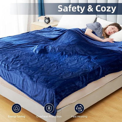 Electric Heated Blanket Full Size 72”x84”,Cozy Soft Warmth with 6 Heating Settings 1-10 Hours Auto-Off, Long Cord Energy-Saving, for Bed, Fast Heating Machine Washable, Navy Blue
