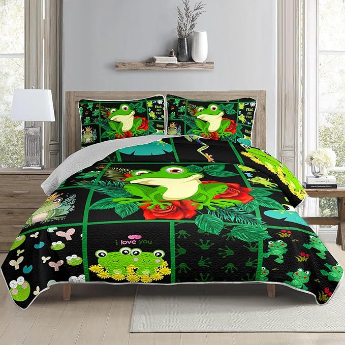 AILONEN 3-Piece Frog Green Quilt Set King, Flower Animal Design for Kids Boys Girls,Breathable Soft Quilt Bedspread Bed Cover for All Season, 1 Quilt and 2 Pillowcases