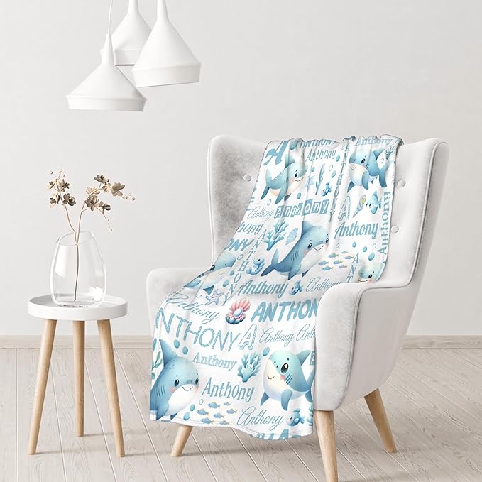 Personalized Baby Blanket with Name - Shark Ocean Custom Swaddle Blanket for Toddlers, Infants, Kids, Newborns - Nursery Stroller Crib Decor Throw Birthday Gift