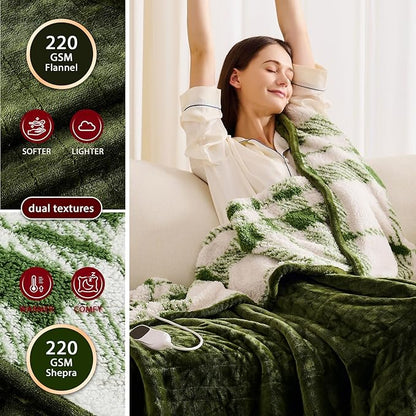 Heated Electric Blanket Full Size - 72"x84" Flannel Heating Blanket with 10 Heating Levels & 5 Time Settings Over-Heat Protection, Winter Warmer for Adults with ETL Certification（Green）
