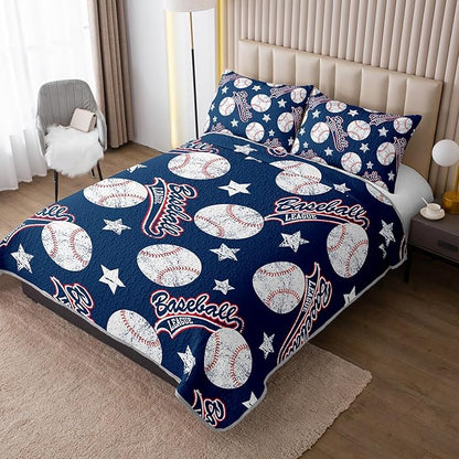 QOOMO Baseball Quilt Set King Size,Blue Baseball Bedspread Coverlet Set,Sports 3Pcs Bedding Set Printed Quilt with 2 Pillowcases,Soft and Lightweight,for All Seasons