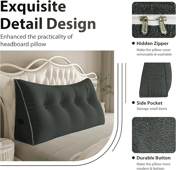 14 lbs Thickened Wedge Pillow Headboard Body Positioner Bed Wedge Pillow Backrest Support Triangular Headboard Pillow for Sleeping with Side Pocket Velvet Positioning Support Deep Grey King