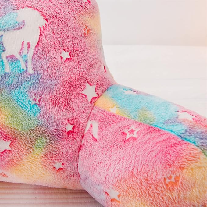 Meeting Story Colorful Unicorn Luminous Reading Pillows Glow in The Dark with Arms Back Pillow for Bed, Bed Rest Pillow for Adults, Teens, Kids, (Rainbow)