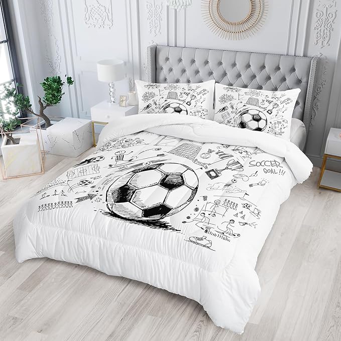 Soccer Bedding Comforter Set Queen Size for Kids Teens and Adults Football Printed Quilt Set for Bedroom Soft Microfiber All Season Print Quilt Set with 1 Comforter and 2 Pillowcases
