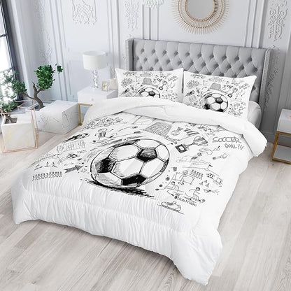 Soccer Bedding Comforter Set Queen Size for Kids Teens and Adults Football Printed Quilt Set for Bedroom Soft Microfiber All Season Print Quilt Set with 1 Comforter and 2 Pillowcases