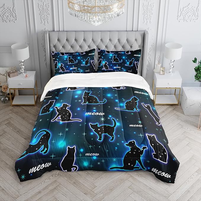 Kawaii Pet Cat Comforter 3Pcs Full Gradient Line Cute Kitten Animal Bedding Set for Kids Teens Girls Boys Cat Glitter Polka Dots Pattern Quilt Bed Decor with 1 Comforter and 2 Pillowcases