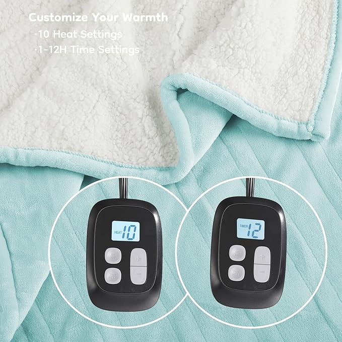 Electric Heated Blanket Queen Size - 84"x90", Soft Flannel Heating Blanket, 10 Heating Levels, 1-12 H Auto Shut Off, Dual Controllers, Breathable Warm and Washable for Bed, Mint Green