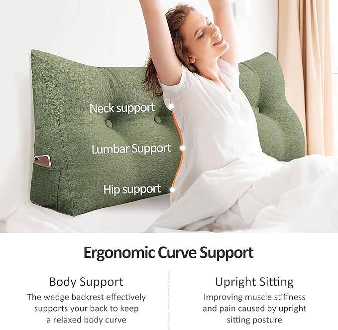 Wedge Pillow Headboard Reading Pillow for Sitting Up in Bed Adult Backrest Large Triangle Bolster Pillow for Couch Daybed Cushion Lumbar Body Support Leg Positioning（Green, Full）