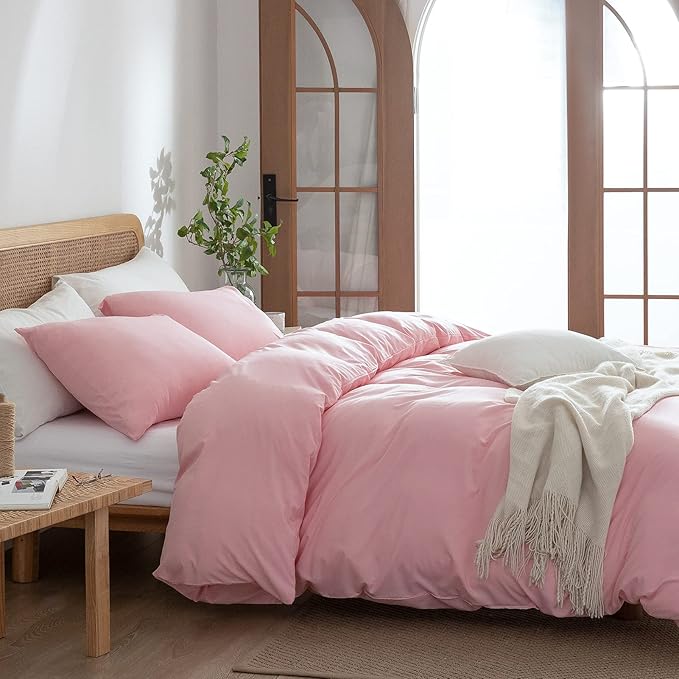 Jane yre Pink Duvet Cover King, 100% Washed Microfiber 3 Pieces Bedding Set, 1 Duvet Cover +2 Pillowcases with Zipper Closure, Soft Natural Slight Wrinkled Comfy