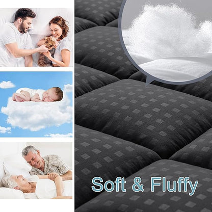 HYLEORY King Mattress Pad Quilted Fitted Mattress Protector Cooling Pillow Top Mattress Cover Breathable Fluffy Soft Mattress Topper with 8-21" Deep Pocket, Black