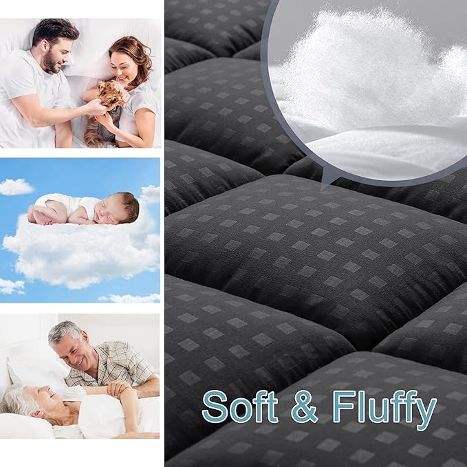 HYLEORY Queen Mattress Pad Quilted Fitted Mattress Protector Cooling Pillow Top Mattress Cover Breathable Fluffy Soft Mattress Topper with 8-21" Deep Pocket, Black