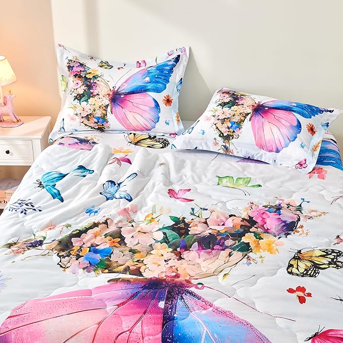 7 Piece Butterfly Comforter Set Twin Size 3D Colorful Floral Butterflies Bedding Set for Kids Girls Women for Birthday
