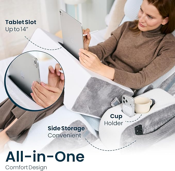8-Piece Orthopedic Wedge Pillow Set for Sleeping, Post-Surgery Recovery, Back & Leg Pain Relief, Acid Reflux & GERD Support with Tablet & Cup Holder (Furry)