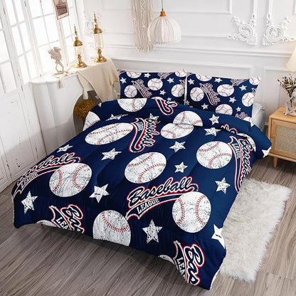 QOOMO 3D Baseballs Comforter Queen Size,Blue Baseball Kids Bedding Set,3Pcs Bedding Set Printed Comforter with 2 Pillowcases,Down Alternative,Soft and Lightweight,for All Seasons