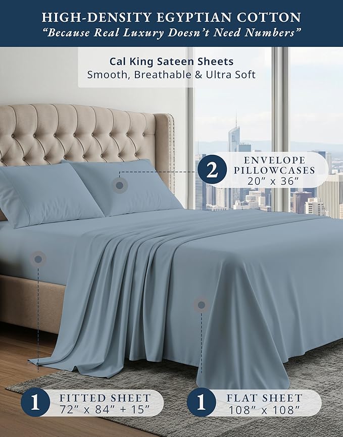 LANE LINEN Ultra Soft California King Sheets Set,100% Egyptian Cotton Mercerized Fully Elasticized with French Seam on Fitted Hotel Like Thick Luxury Cal King Bed Sheets- French Blue