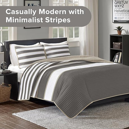 Comfort Spaces Queen Quilt Set Trendy Casual Fun, Vibrant Color Stripes Design, All Season Lightweight Coverlet Bedspread Queen Size Bedding & Shams, Verone, Full/Queen, Grey, 3 Piece