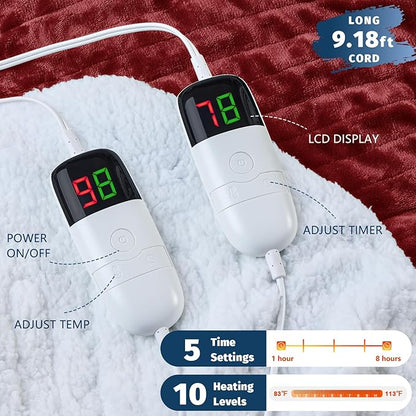 Heated Electric Blanket King Size - 90" x 100" Heating Blanket with Dual Control, 10 Heating Levels & 8 Hours Auto Off, Soft Warm Flannel Blanket, Christmas Birthday Gifts for Senior Grandma