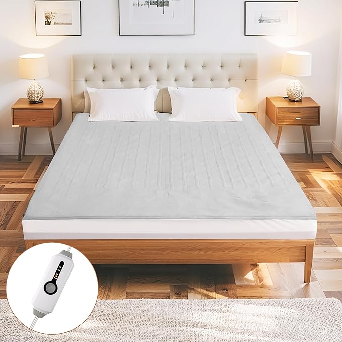 Electric Mattress Pad Full Size 54"x75" with 10 Hours Auto Off 4 Heat Setting Simple Controller Fit Up to 15 Inch Deep Pocket, Machine Washable - Light Gray