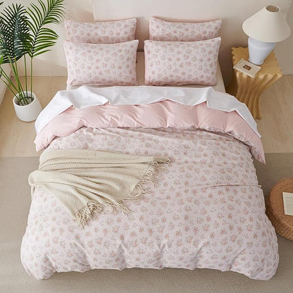 Duvet Cover Set Queen Size Floral Luxury Soft Brushed Microfiber Crinkle Gauze Fabric 3 Pieces Bedding Set Flower Pattern Queen Duvet Cover with Zipper Closure Breathable Comfy