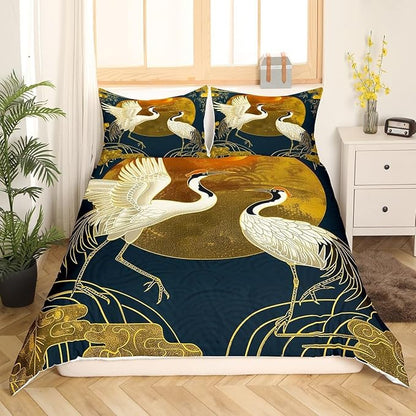 Crane Bedding Set Full,Japanese Cloud Trees Duvet Cover Set 3pcs for Kids Teens Adults Room Decor,Animals Plants Comforter Cover Ukiyo-e Style Quilt Cover with 2 Pillowcases