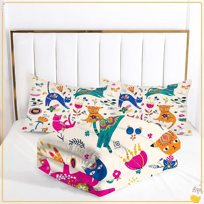Cat Comforter Set King: Cute Floral Cats King Bedding Sets for Teen Girls Women Kids Cartoon Flowers Kawaii Animals Print Quilt Duvet Bed Set with 1 Comforter & 2 Pillowcases