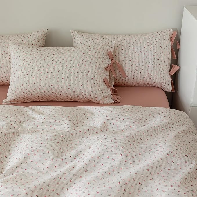 AOJIM Floral Print Bedding Duvet Cover Full Size, Soft Cotton Comforter Cover Set 3pcs for All Seasons, 1 Skin-friendly Duvet Cover 80x90'' with Zipper Closure and 2 Pillowcases with Bowknot, No Duvet